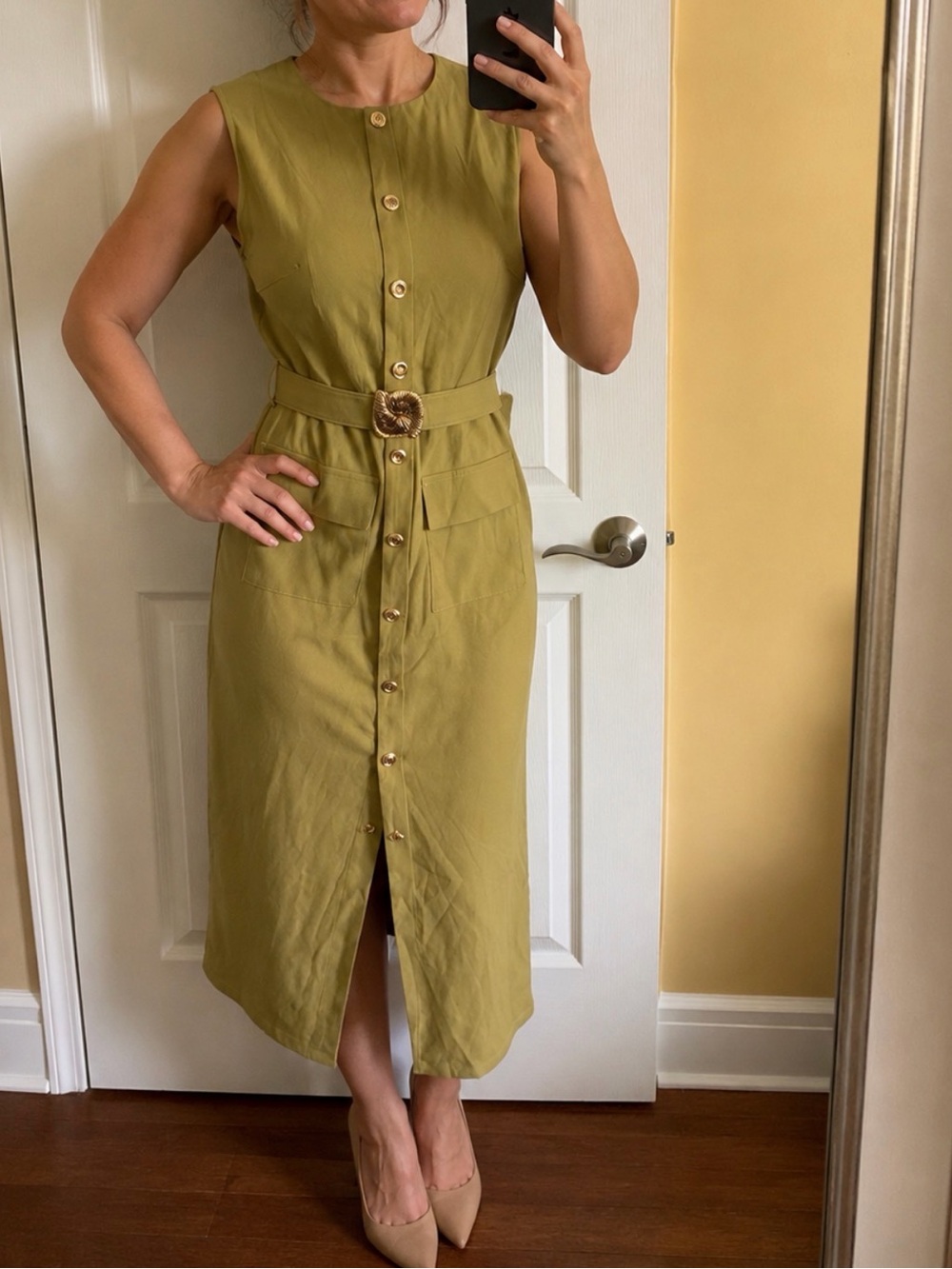 Sleeveless Olive Button-Front Belted Midi Dress with Patch Pockets